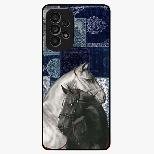 Midnight Stallion Blues Glass Case showing flat back view with majestic horse artwork and glossy glass finish.