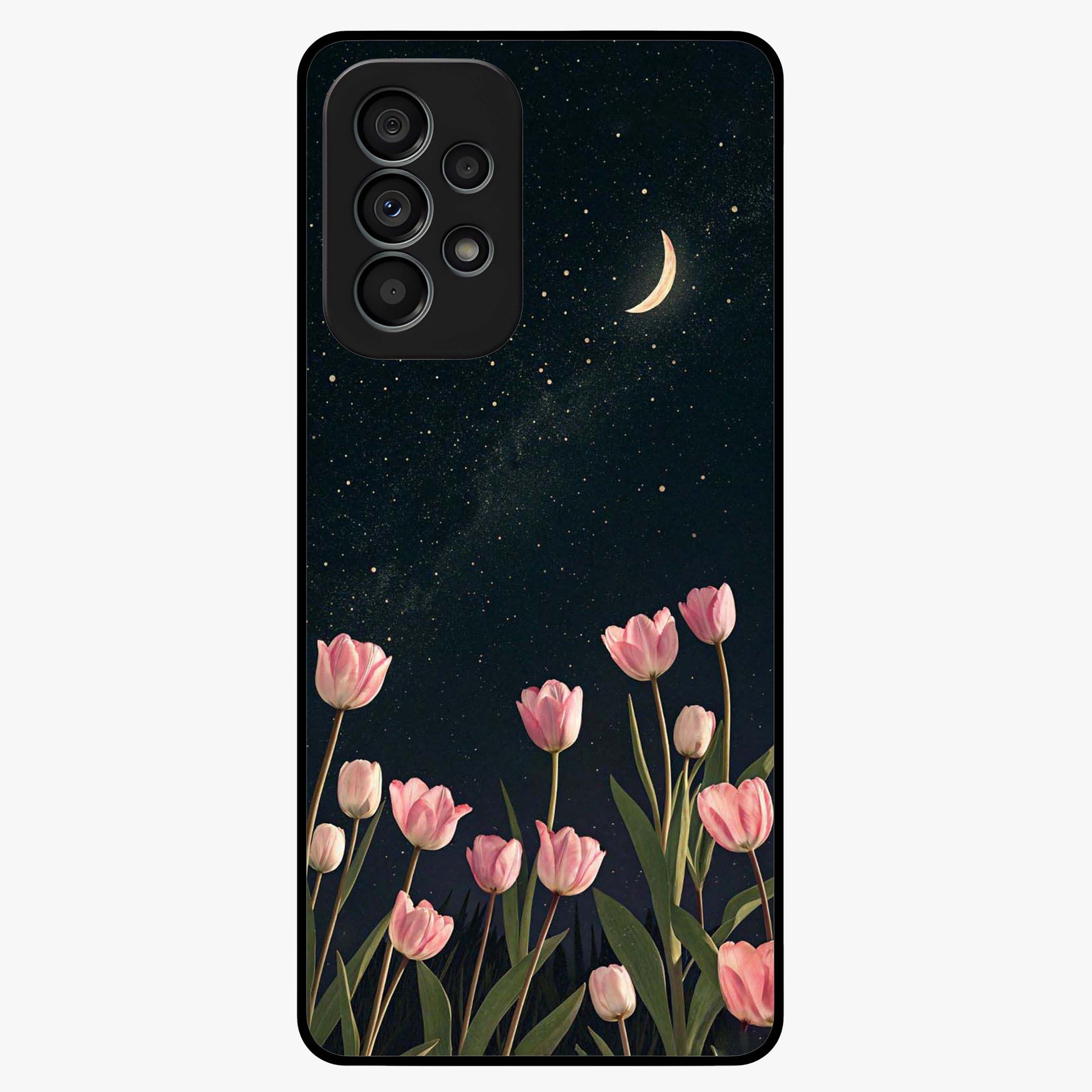 Midnight Tulip Whispers Vibe Glass Case showing flat back view with elegant tulip flower artwork and glossy glass finish.