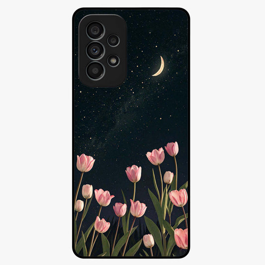Midnight Tulip Whispers Vibe Glass Case showing flat back view with elegant tulip flower artwork and glossy glass finish.