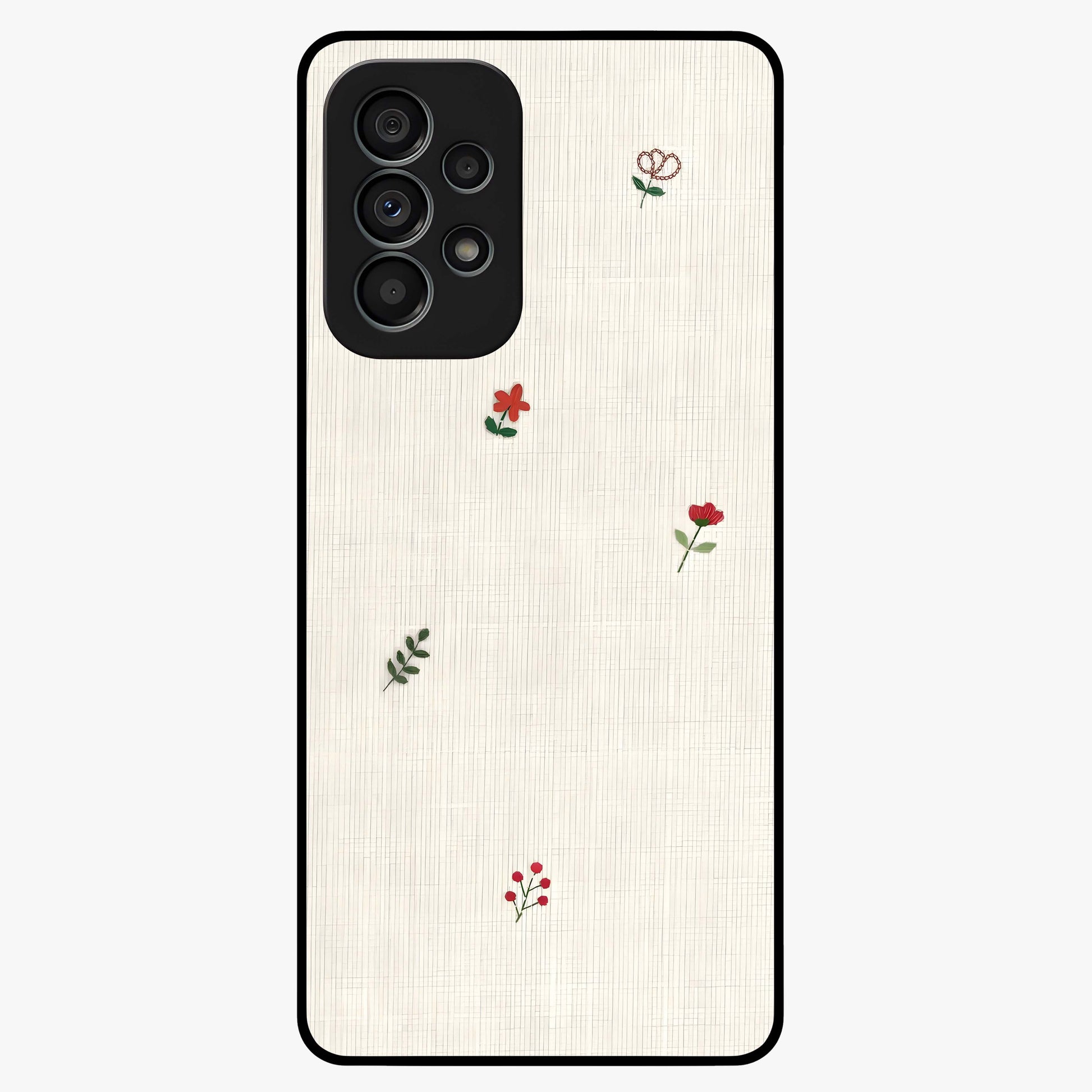 Minimal Petal Whispers Glass Case showing flat back view with soft minimal floral artwork and glossy glass finish.