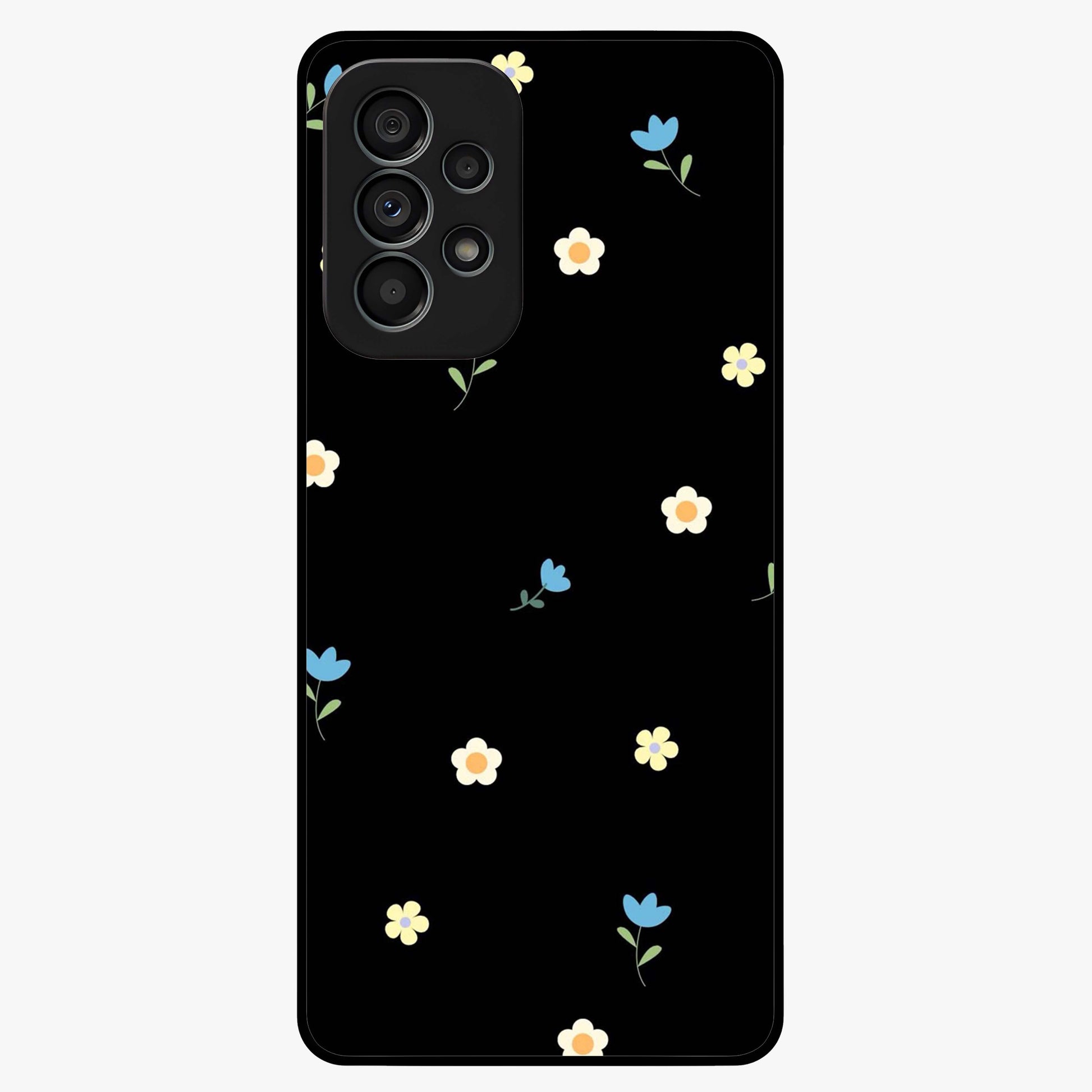 Minimalistic Blue With White Flower Pattern Glass Case showing flat back view with blue background and white flower pattern and glossy glass finish.