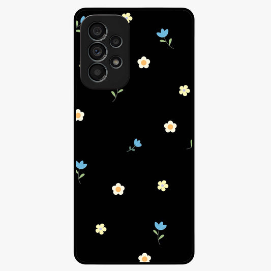 Minimalistic Blue With White Flower Pattern Glass Case showing flat back view with blue background and white flower pattern and glossy glass finish.