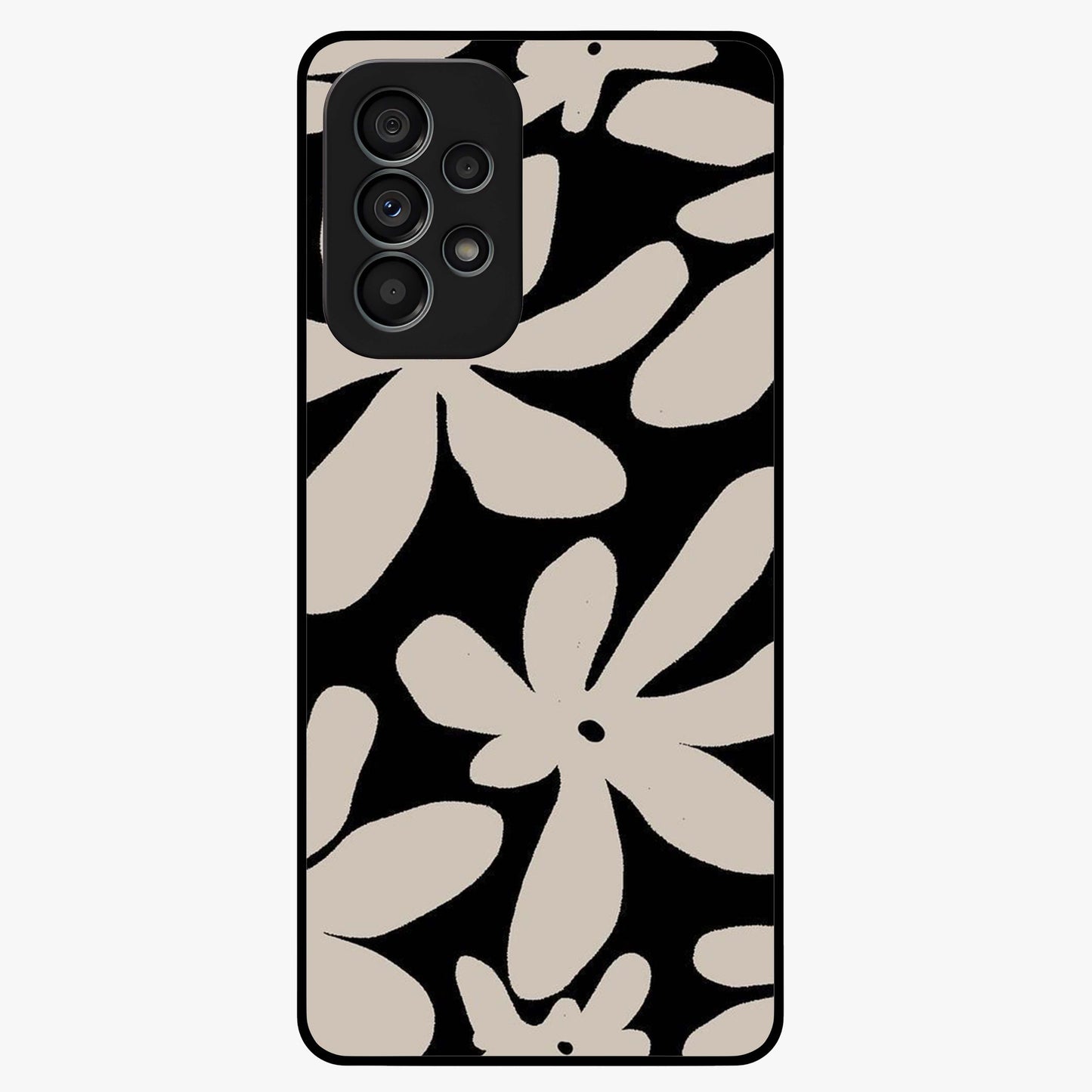Monochrome Petal Dance Glass Case showing flat back view with monochrome floral artwork and glossy glass finish.