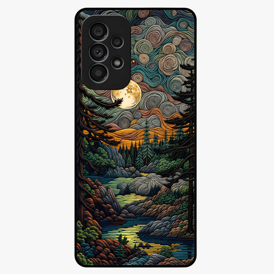 Moonlight Forest Dream Glass Case showing flat back view with mystical forest moonlight artwork and glossy glass finish.