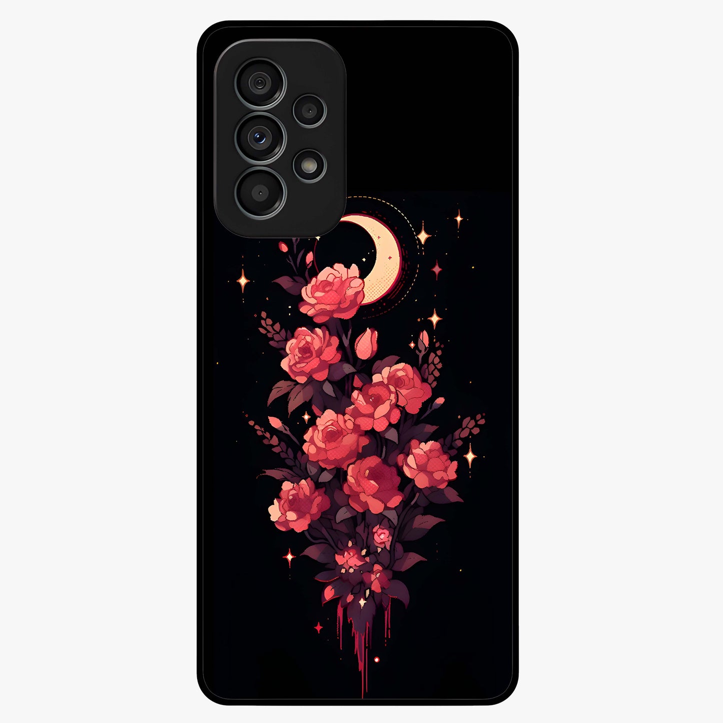 Moonlit Floral Elegance Glass Case showing flat back view with elegant floral artwork under moonlit tones and glossy glass finish.