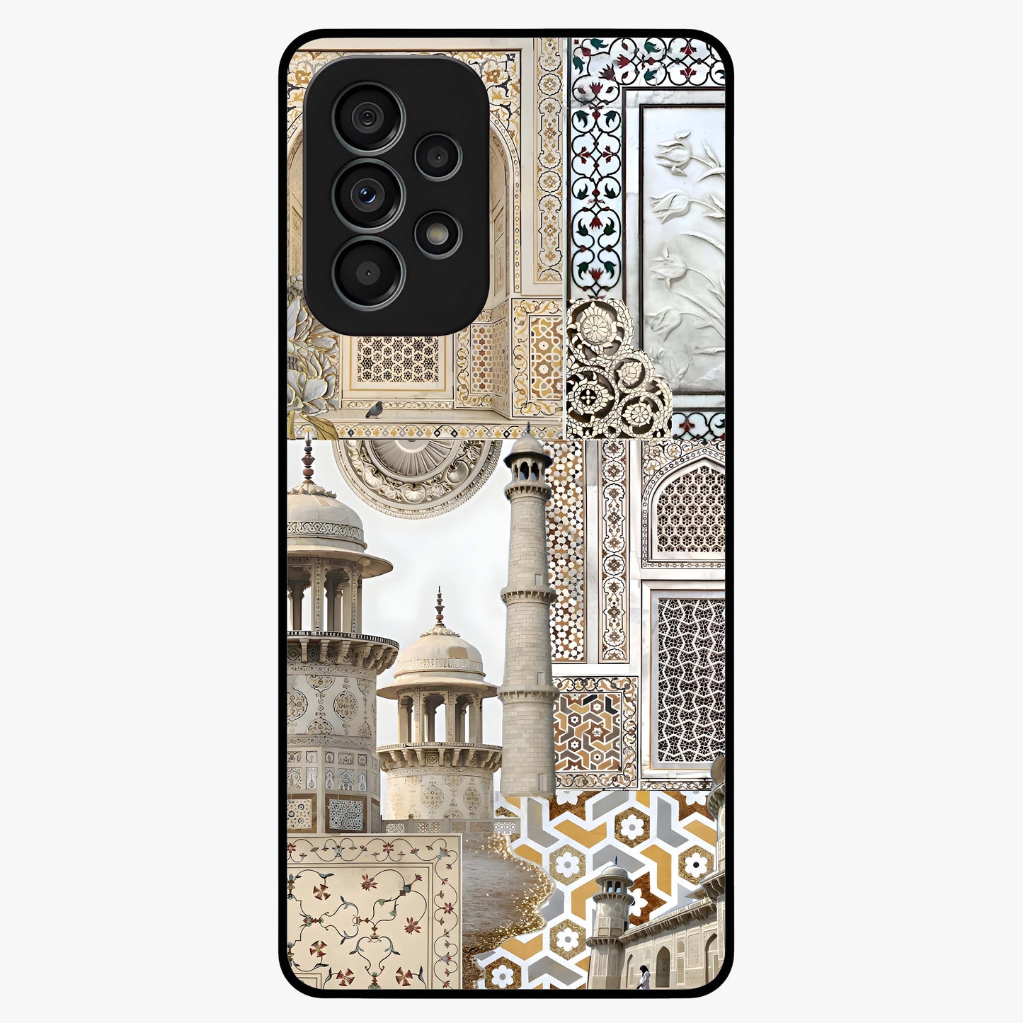 Mughal Marble Legacy Glass Case showing flat back view with intricate Mughal inspired marble pattern and glossy glass finish.