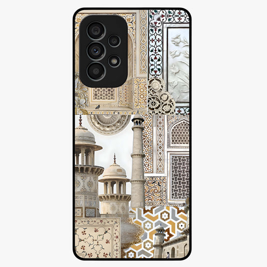 Mughal Marble Legacy Glass Case showing flat back view with intricate Mughal inspired marble pattern and glossy glass finish.