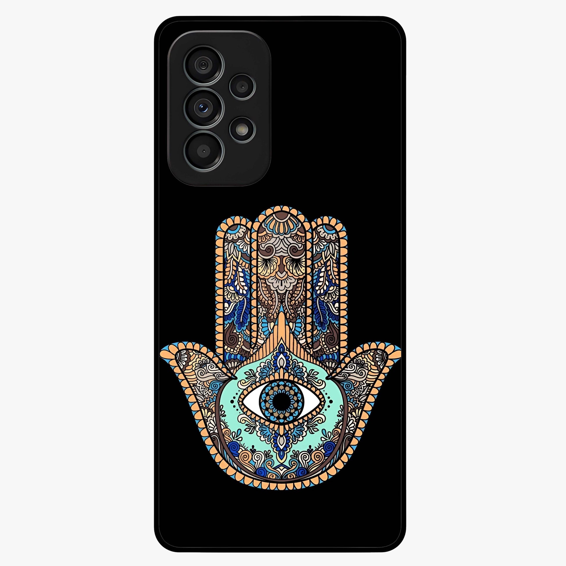Mystic Hamsa Eye Glass Case showing flat back view with protective hamsa hand and evil eye artwork and glossy glass finish.
