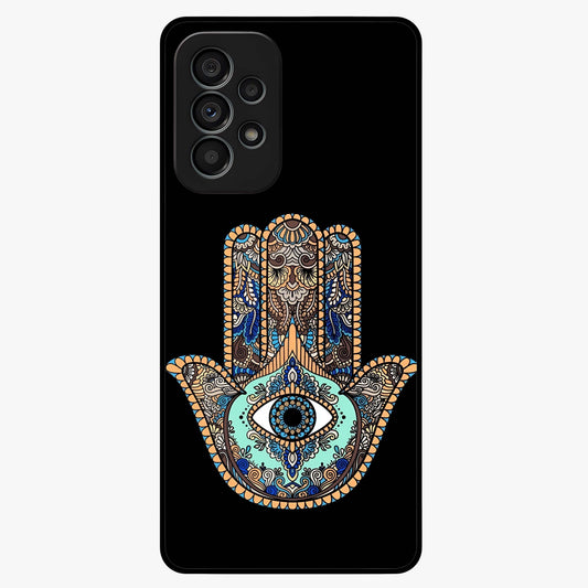 Mystic Hamsa Eye Glass Case showing flat back view with protective hamsa hand and evil eye artwork and glossy glass finish.