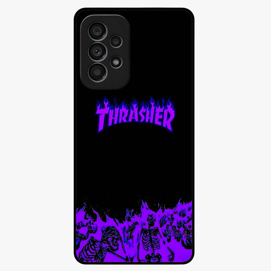 Neon Flame Riot Glass Case showing flat back view with neon flame artwork and glossy glass finish.