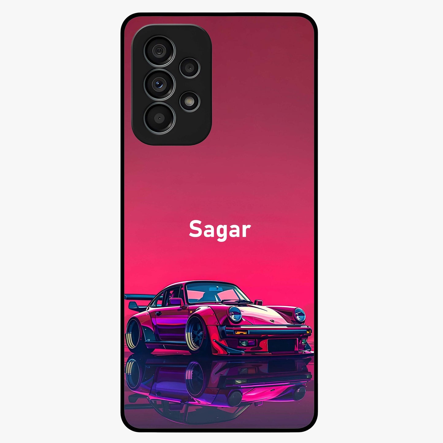 Neon Pink Porsche Glass Case showing flat back view with stylish sports car artwork and glossy glass finish.