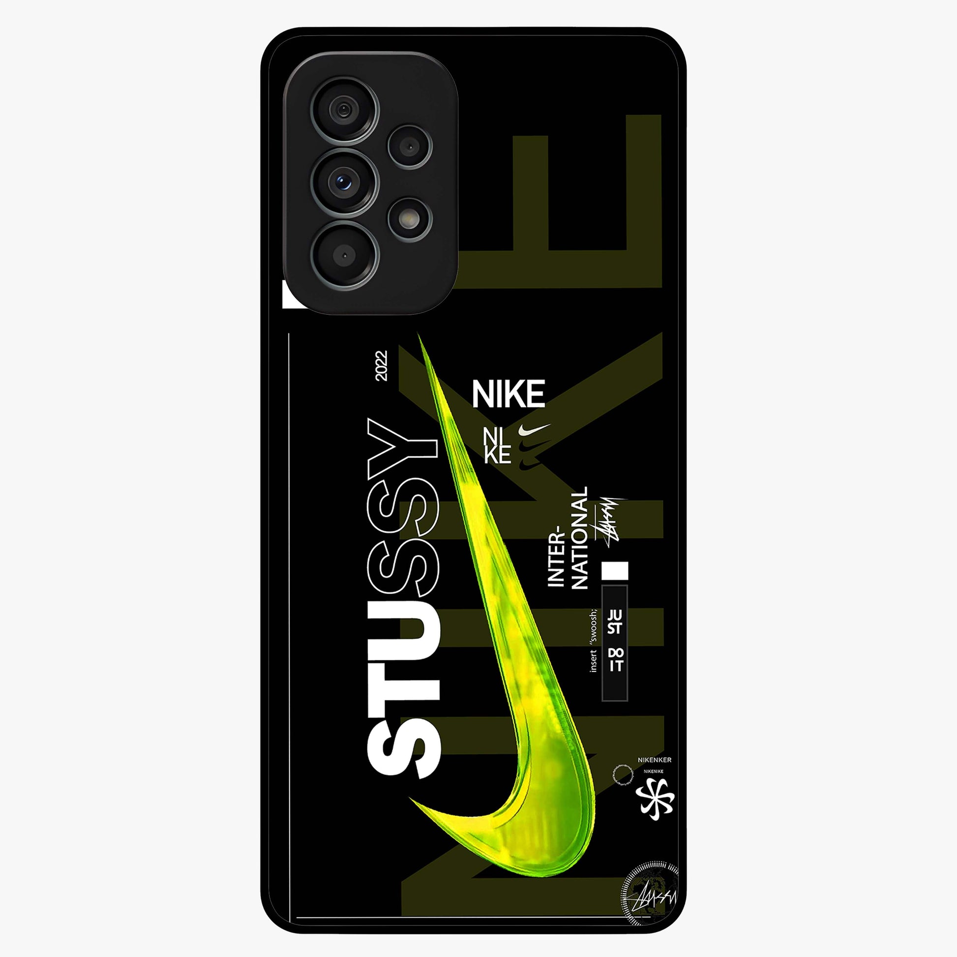 Neon Street Edition Glass Case showing flat back view with neon street style artwork and glossy glass finish.