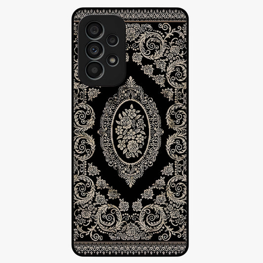 Noir Bloom Elegance Glass Case showing flat back view with elegant dark floral artwork and glossy glass finish.