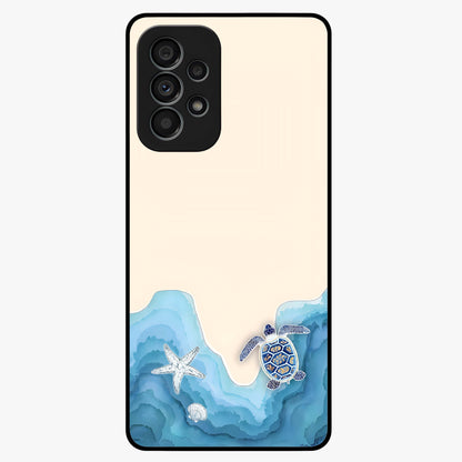 Ocean Drift Turtle Glass Case showing flat back view with sea turtle artwork and glossy glass finish.