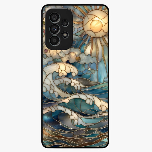 Oceanic Stained Printed Glass Case showing flat back view with ocean inspired stained pattern artwork and glossy glass finish.