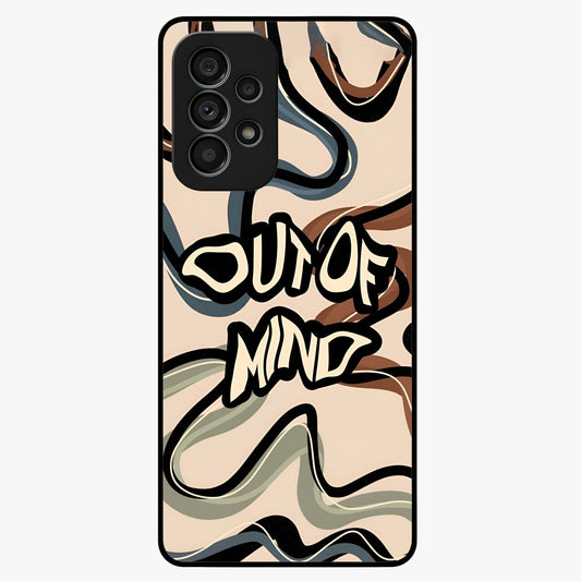 Out Of Mind Glass Case showing flat back view with expressive typography artwork and glossy glass finish.