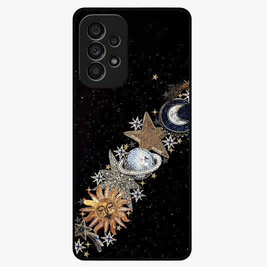 Pearls Universe Object Glass Case showing flat back view with pearl inspired cosmic artwork and glossy glass finish.