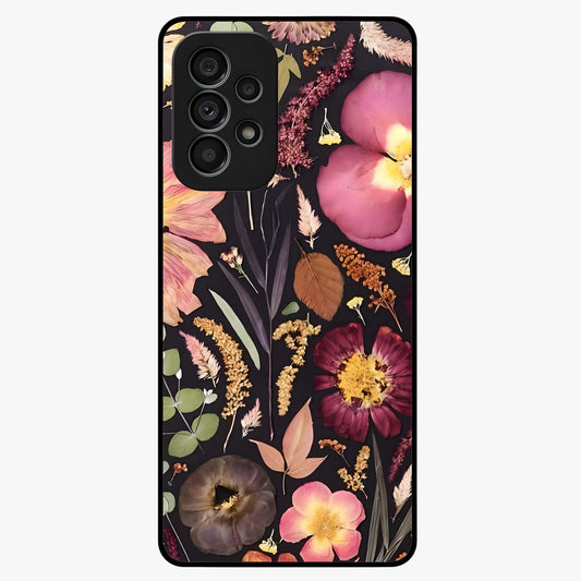 Petal Dream Tapestry Glass Case showing flat back view with intricate floral tapestry artwork and glossy glass finish.