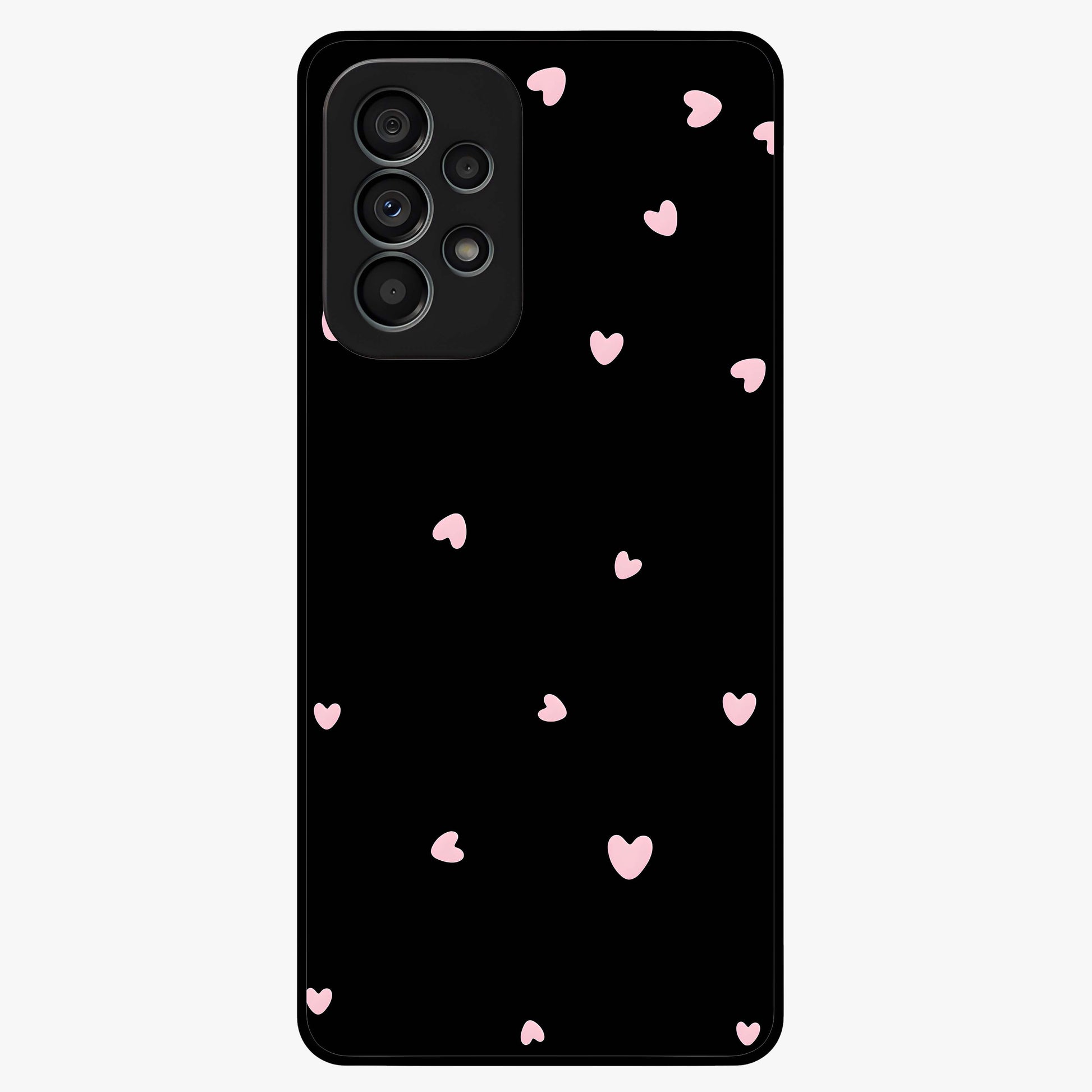 Pink Love Drops Glass Case showing flat back view with playful pink heart drops artwork and glossy glass finish.