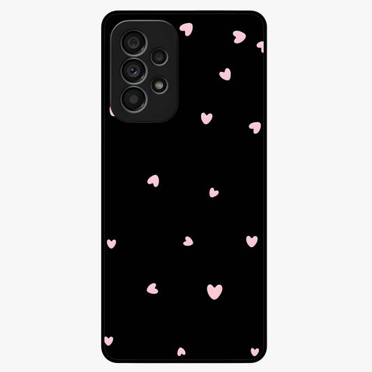 Pink Love Drops Glass Case showing flat back view with playful pink heart drops artwork and glossy glass finish.