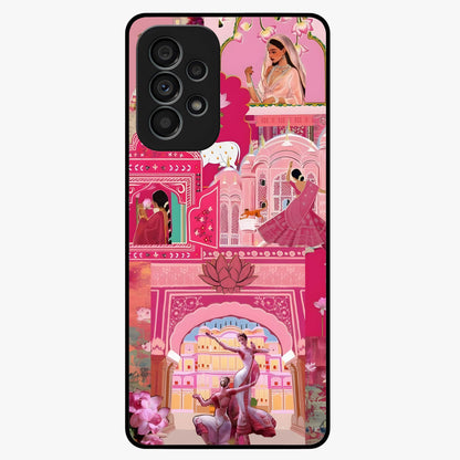Pink Palace Muse Glass Case showing flat back view with elegant palace inspired artwork and glossy glass finish.