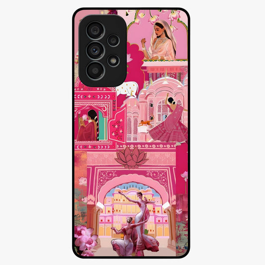 Pink Palace Muse Glass Case showing flat back view with elegant palace inspired artwork and glossy glass finish.