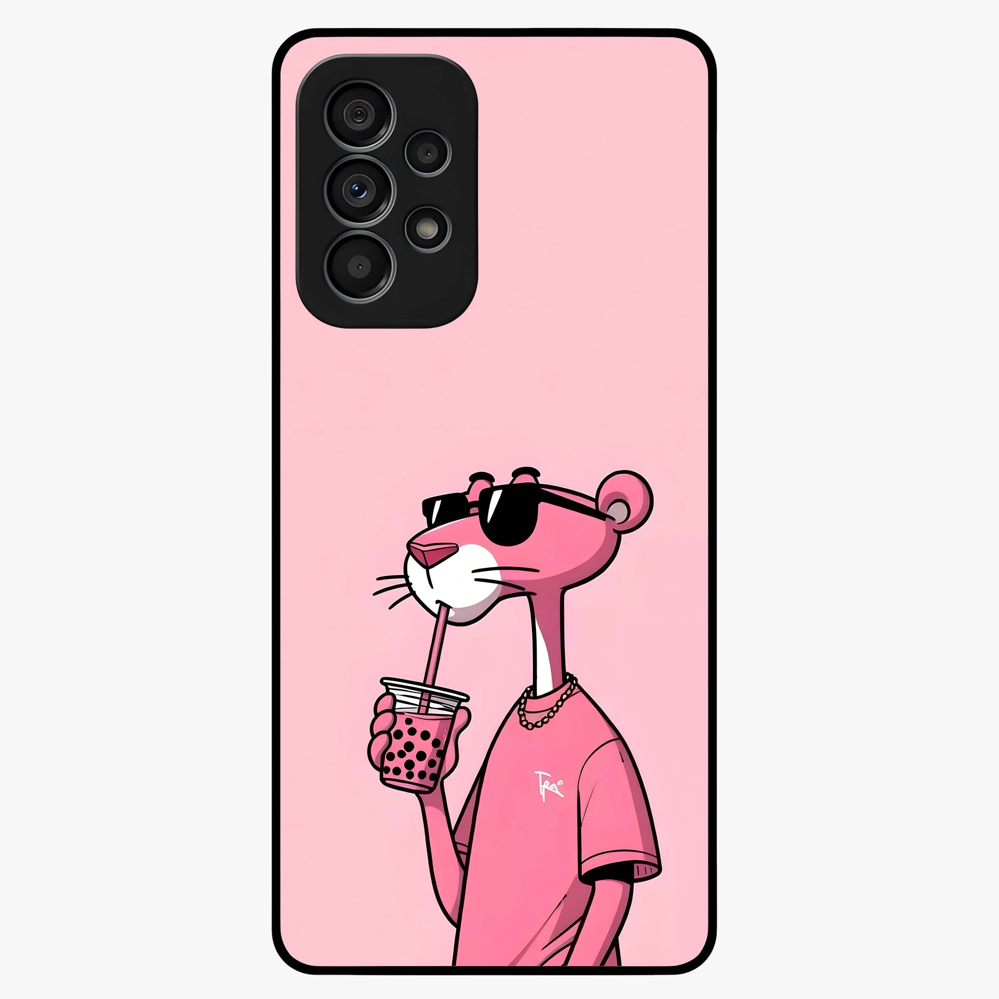 Pink Panther Glass Case showing flat back view with iconic pink panther artwork and glossy glass finish.
