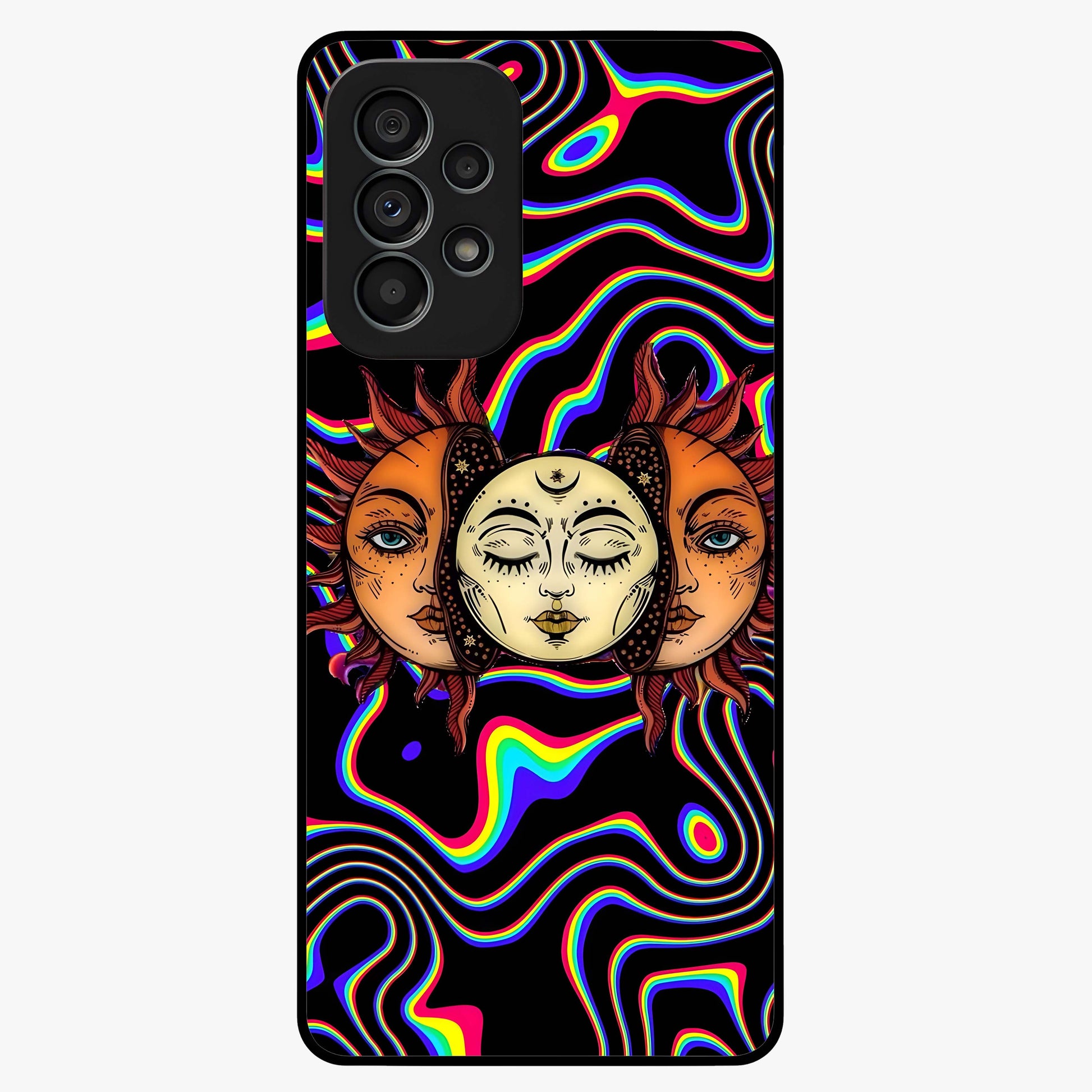 Psychedelic Sun Glass Case showing flat back view with colorful psychedelic sun artwork and glossy glass finish.