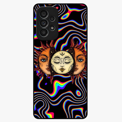 Psychedelic Sun Glass Case showing flat back view with colorful psychedelic sun artwork and glossy glass finish.