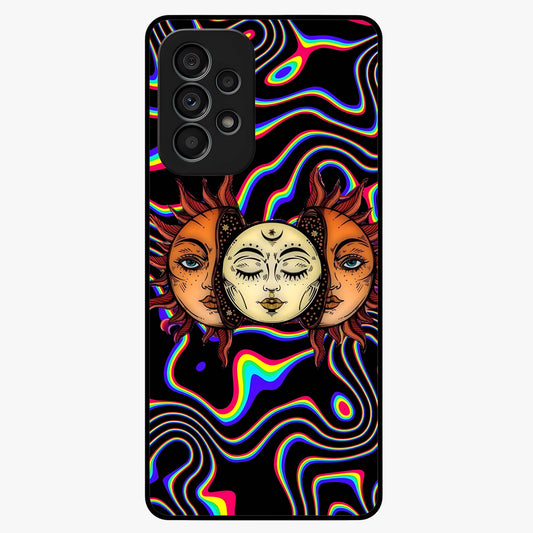 Psychedelic Sun Glass Case showing flat back view with colorful psychedelic sun artwork and glossy glass finish.