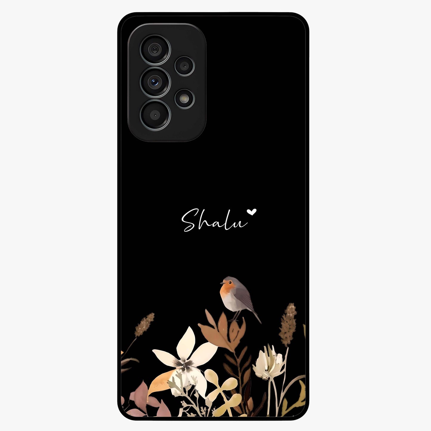 Quiet Garden Tune Custom Name Glass Case showing flat back view with peaceful garden artwork and personalized name design.