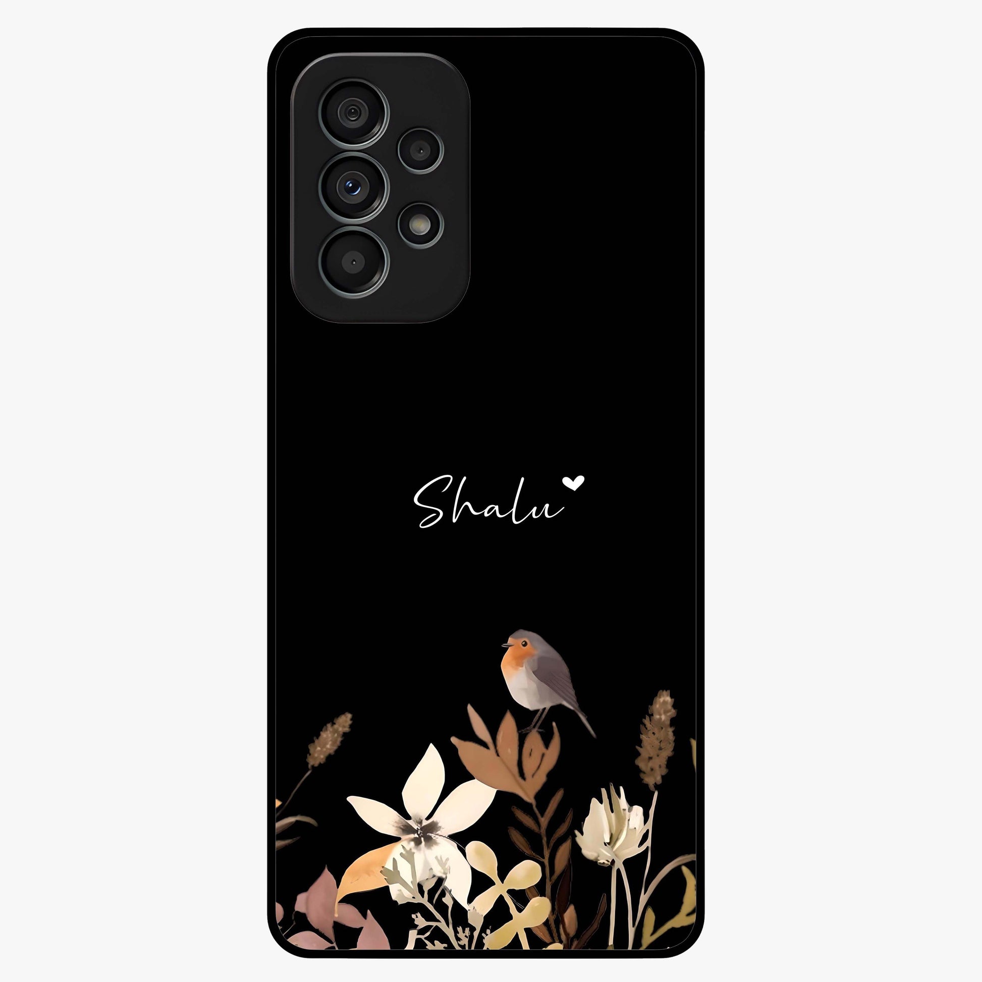 Quiet Garden Tune Custom Name Glass Case showing flat back view with peaceful garden artwork and personalized name design.
