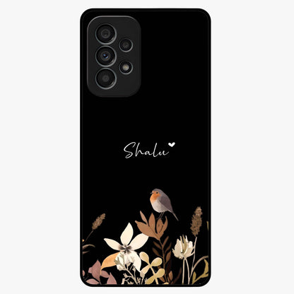 Quiet Garden Tune Custom Name Glass Case showing flat back view with peaceful garden artwork and personalized name design.