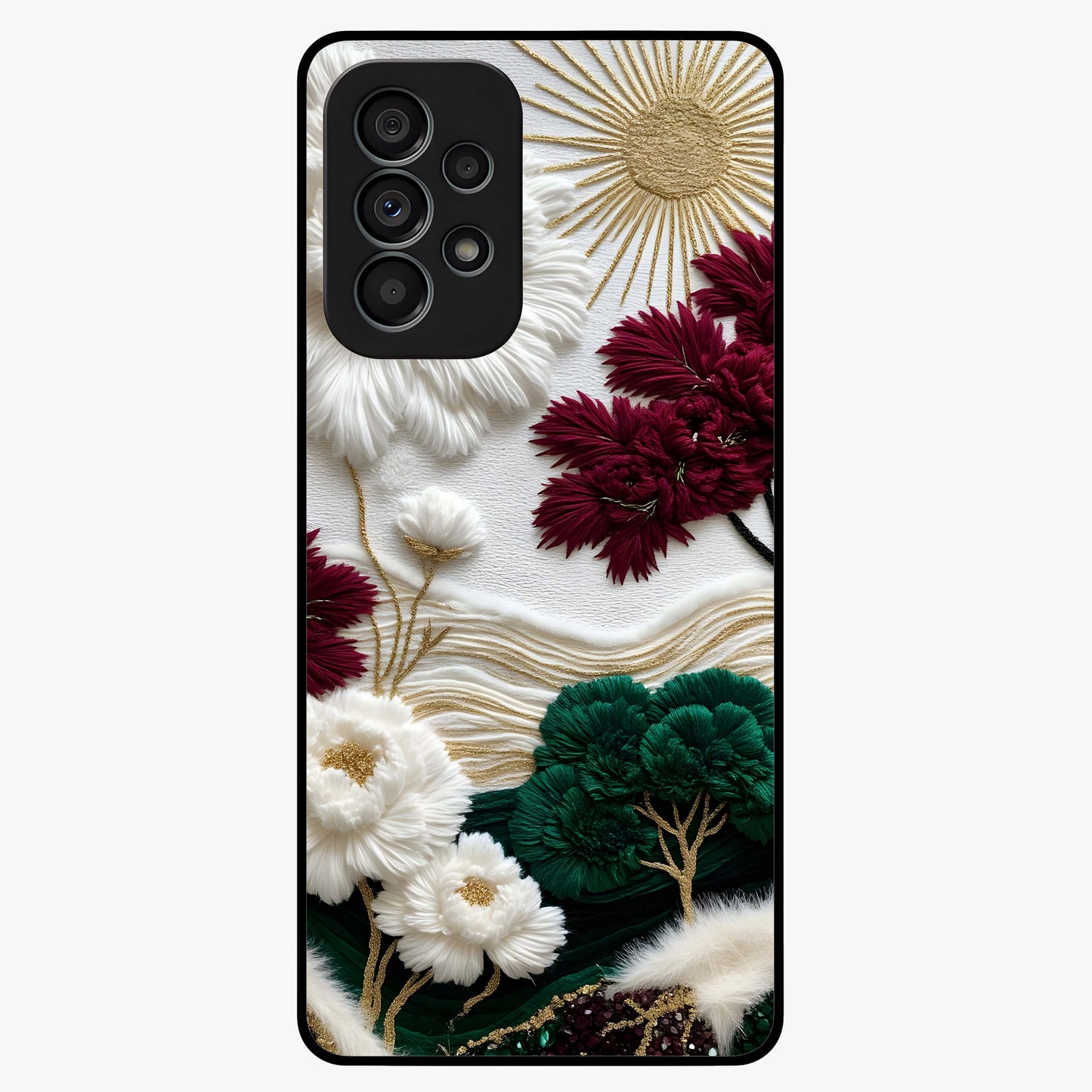 Radiant Bloom Elegance Glass Case showing flat back view with elegant blooming flower artwork and glossy glass finish.