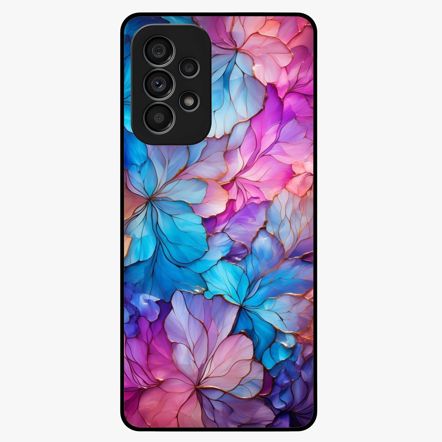 Radiant Floral Whirl Glass Case showing flat back view with swirling floral artwork and glossy glass finish.