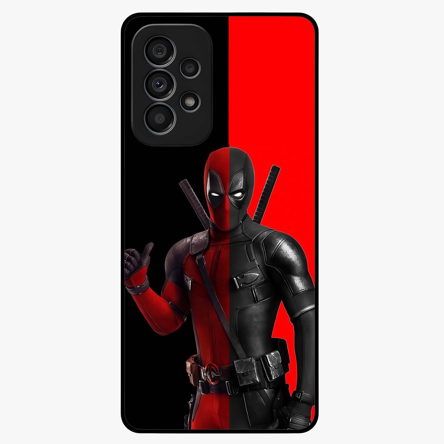 Red & Black Deadpool Theme Glass Case showing flat back view with bold comic inspired artwork and glossy glass finish.