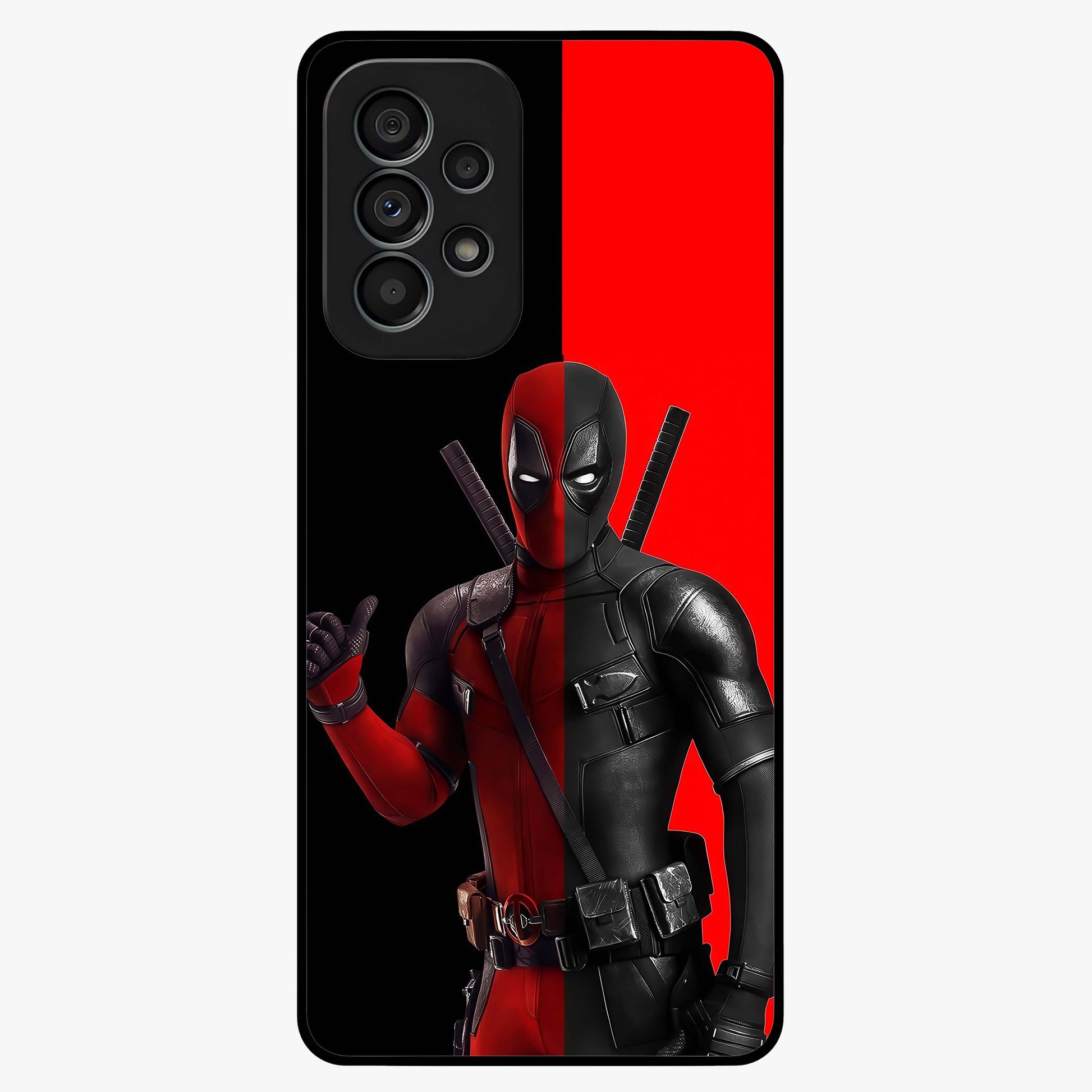 Red & Black Deadpool Theme Glass Case showing flat back view with bold comic inspired artwork and glossy glass finish.
