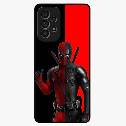 Red & Black Deadpool Theme Glass Case showing flat back view with bold comic inspired artwork and glossy glass finish.