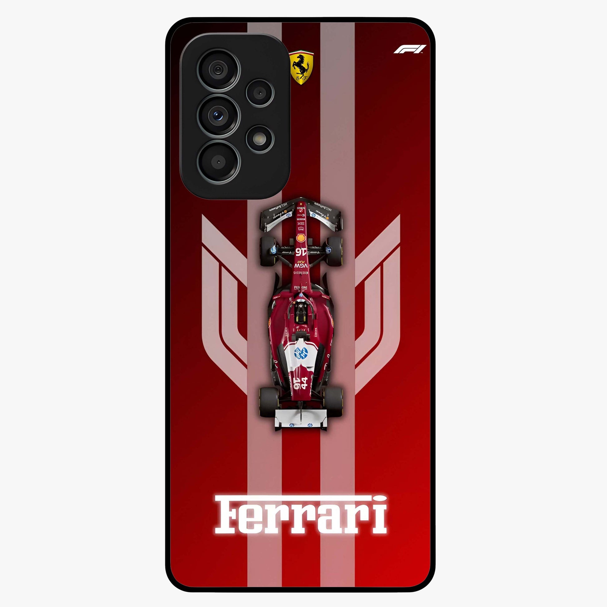 Red Ferrari F1 Vertical Glass Case showing flat back view with sleek Formula racing car artwork and glossy glass finish.