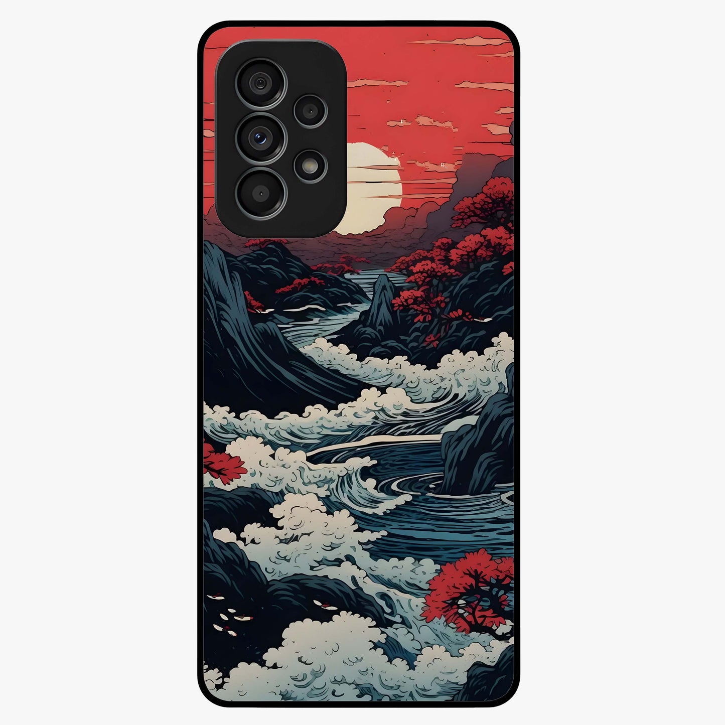 Red Sunset Scenery Glass Case showing flat back view with vibrant sunset landscape artwork and glossy glass finish.