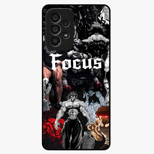 Relentless Power Focus Glass Case showing flat back view with motivational typography artwork and glossy glass finish.