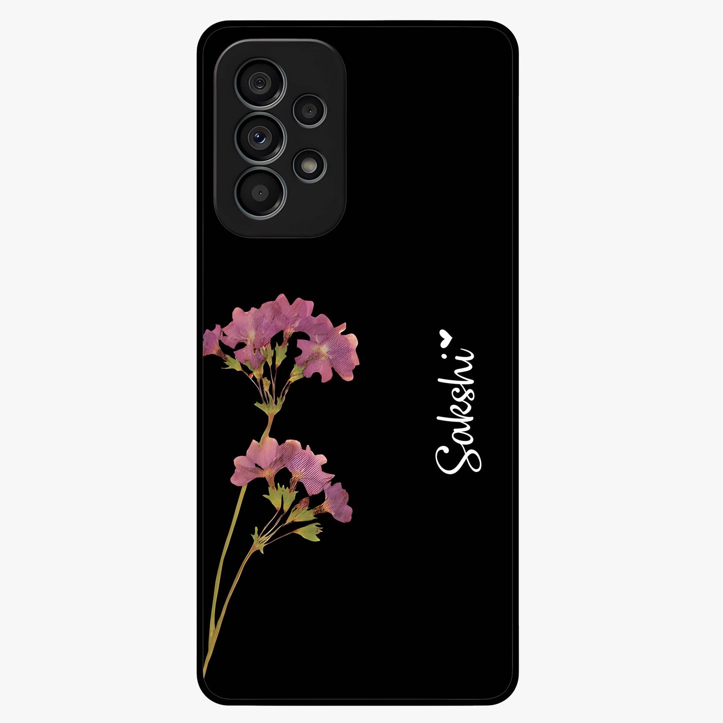 Riching Lavender Flower Custom Name Glass Case showing flat back view with lavender floral artwork and personalized name design.