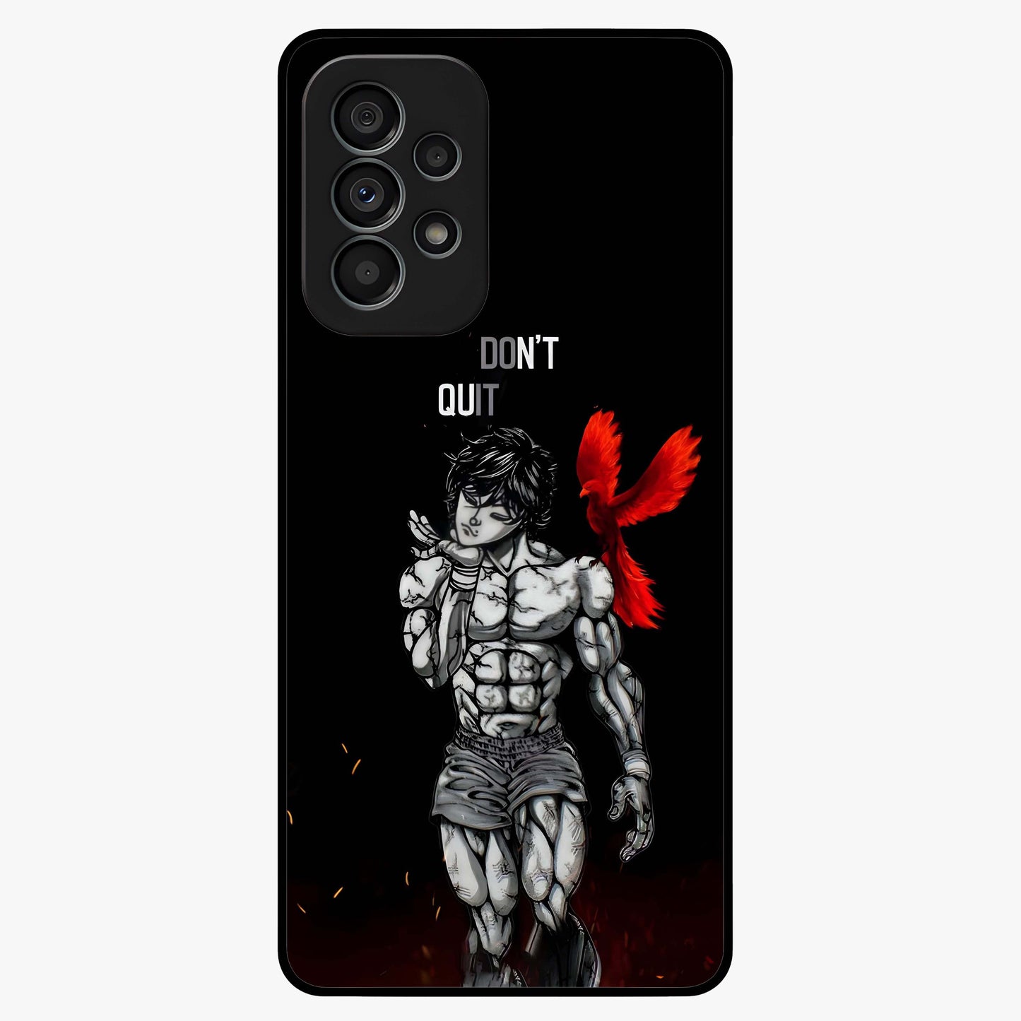 Rise Beyond Limits Glass Case showing flat back view with motivational typography artwork and glossy glass finish.
