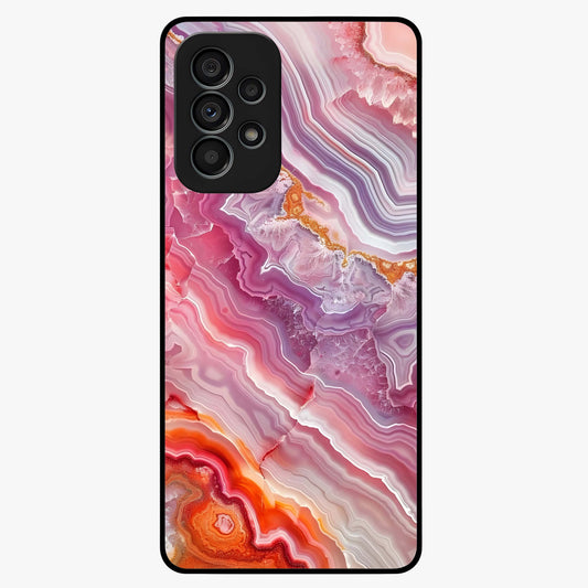 Rose Quartz Marble Glass Case showing flat back view with pink marble quartz texture artwork and glossy glass finish.