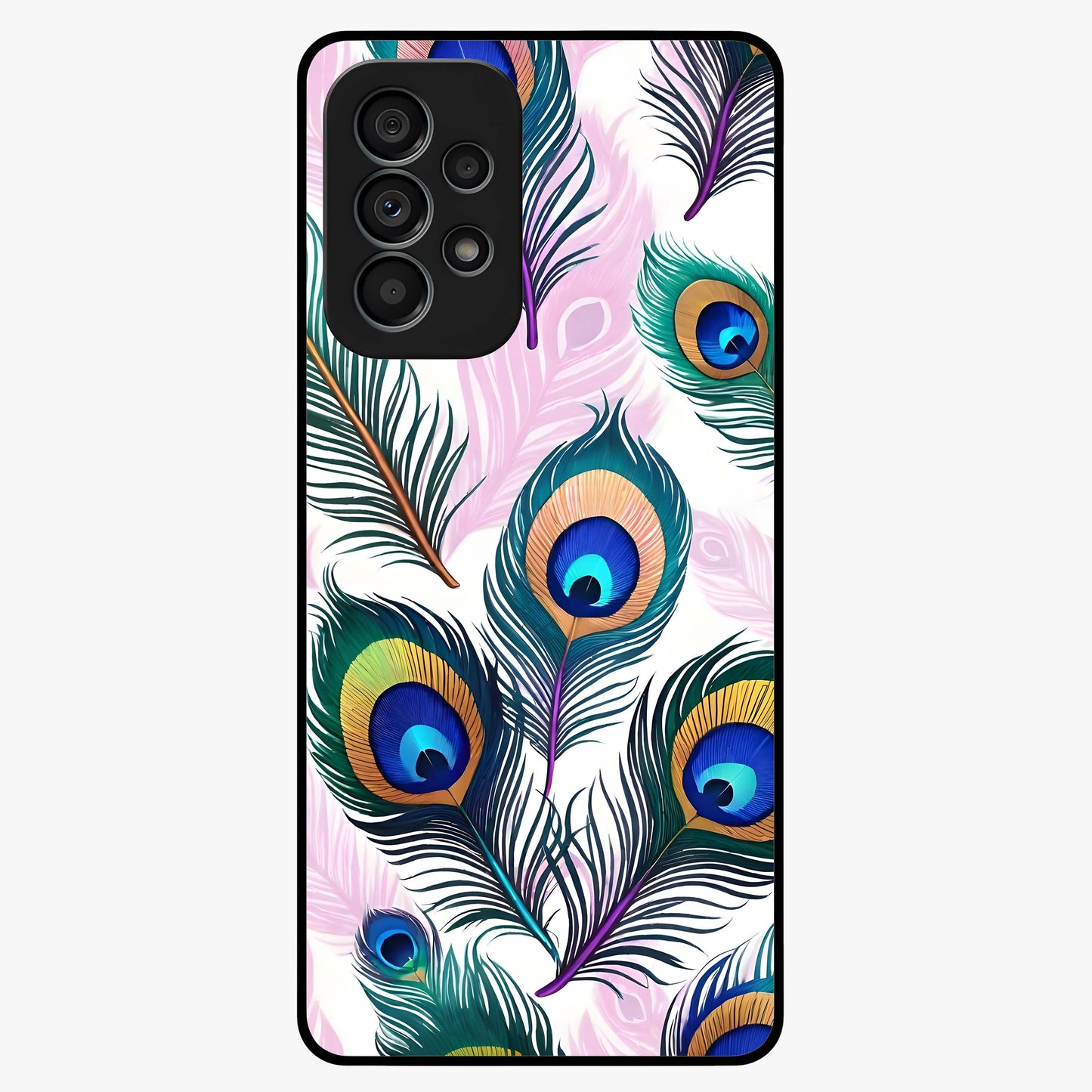 Royal Peacock Feathers Glass Case showing flat back view with colorful peacock feather artwork and glossy glass finish.