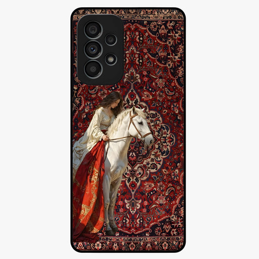 Royal Rider Tapestry Glass Case showing flat back view with majestic horse rider tapestry artwork and glossy glass finish.