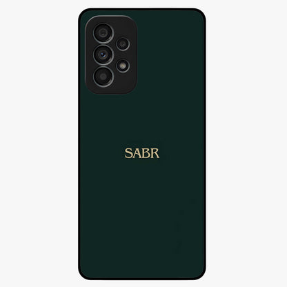 Sabr Minimal Patience Glass Case showing flat back view with minimalist typography artwork and glossy glass finish.