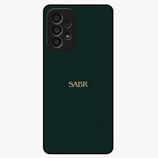 Sabr Minimal Patience Glass Case showing flat back view with minimalist typography artwork and glossy glass finish.
