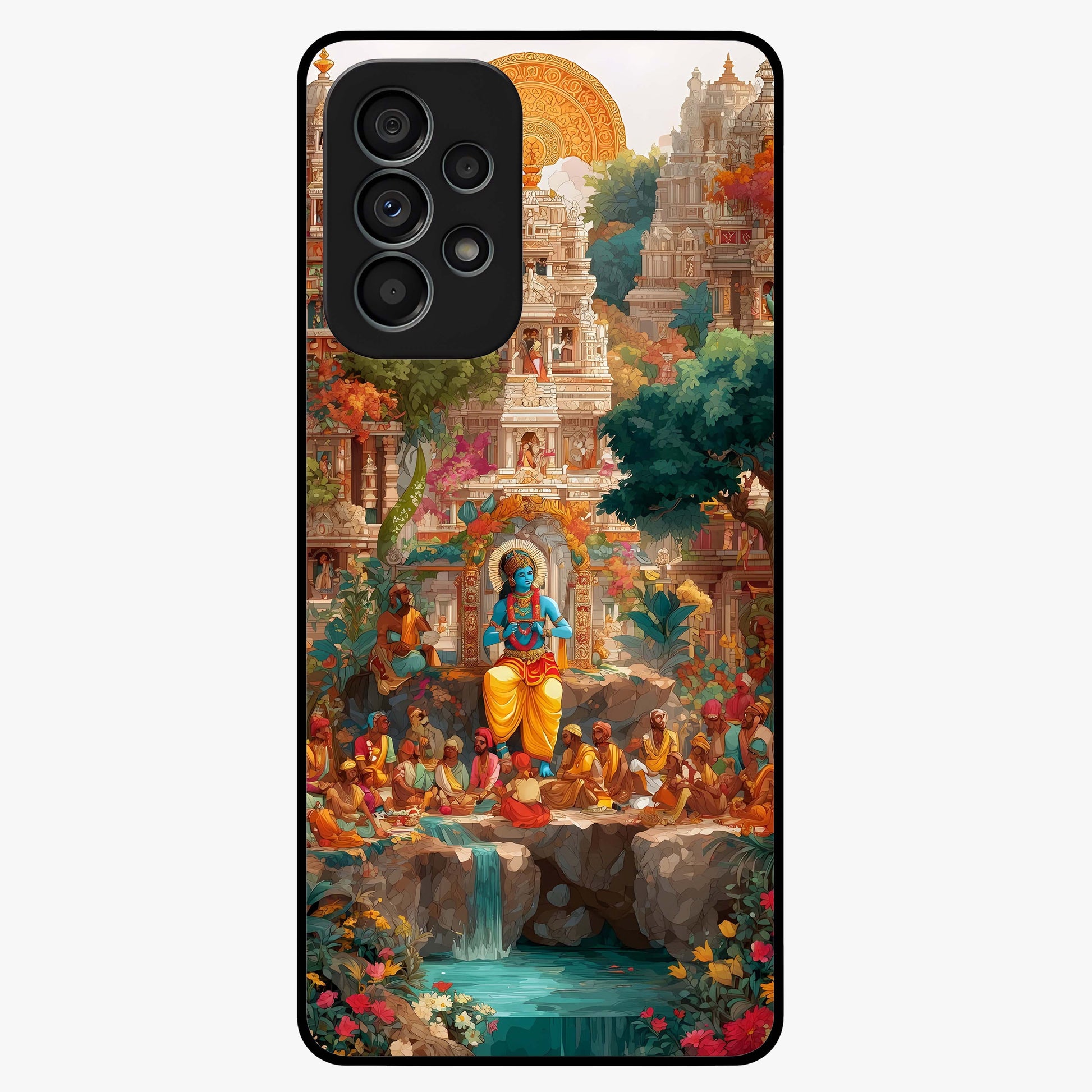Sacred Sunlight Gods Glass Case showing flat back view with divine sunlight themed artwork and glossy glass finish.