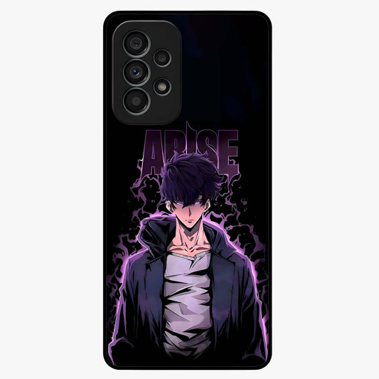 Shadow Monarch Awakening Glass Case showing flat back view with powerful dark monarch themed artwork and glossy glass finish.